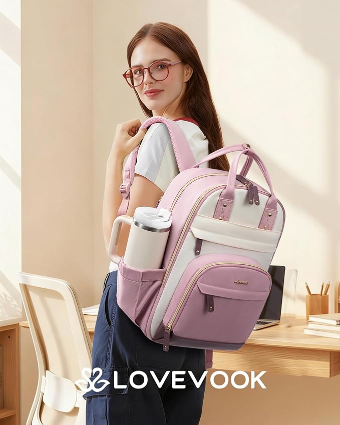 LOVEVOOK Laptop Backpack for Women with Giant Tumbler Holder Pocket,15.6 inch School College Bookbag Nurse Teacher Backpack,Work Travel Backpack Purse Laptop Computer Bag,Pink-Off-white-Light pink