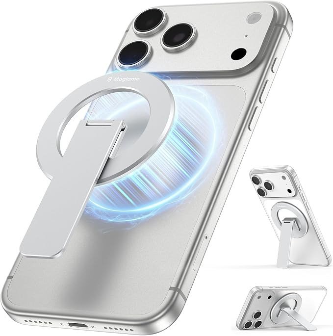 Magtame Magnetic Phone Stand Grip, 3-in-1 for MagSafe Phone Holder & Kickstand, Durable Silver Aluminum Grip, Ultra-Slim 2mm, 360° Rotation, Detachable for MagSafe Charging, Works with iPhone 17–12
