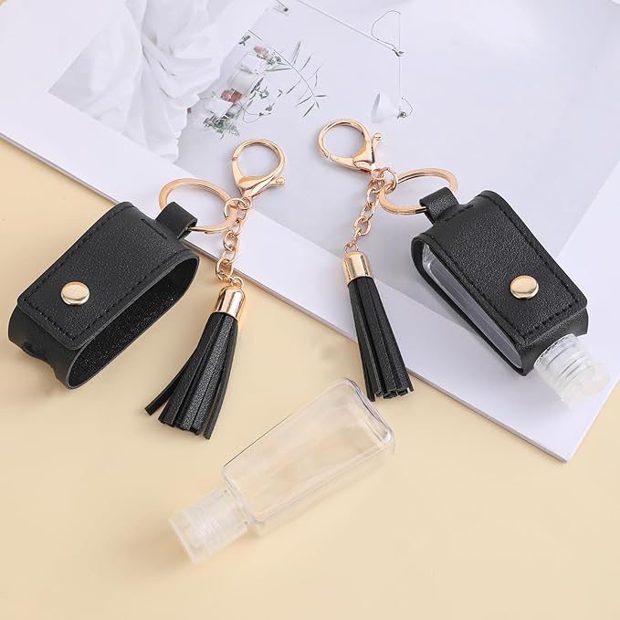2 Pcs Portable Handwashing Fluid Holder Bottles with Keychain, Refillable Travel Containers, 1oz/30ml Squeeze Bottles for Toiletry Lotion Liquid Soap Shampoo (Black)