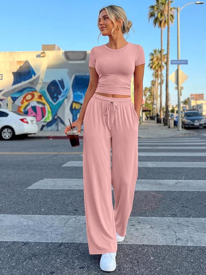Trendy Queen 2 Piece Matching Summer Lounge Set Womens Side Ruching Top Wide Leg Pants Sets with Pockets