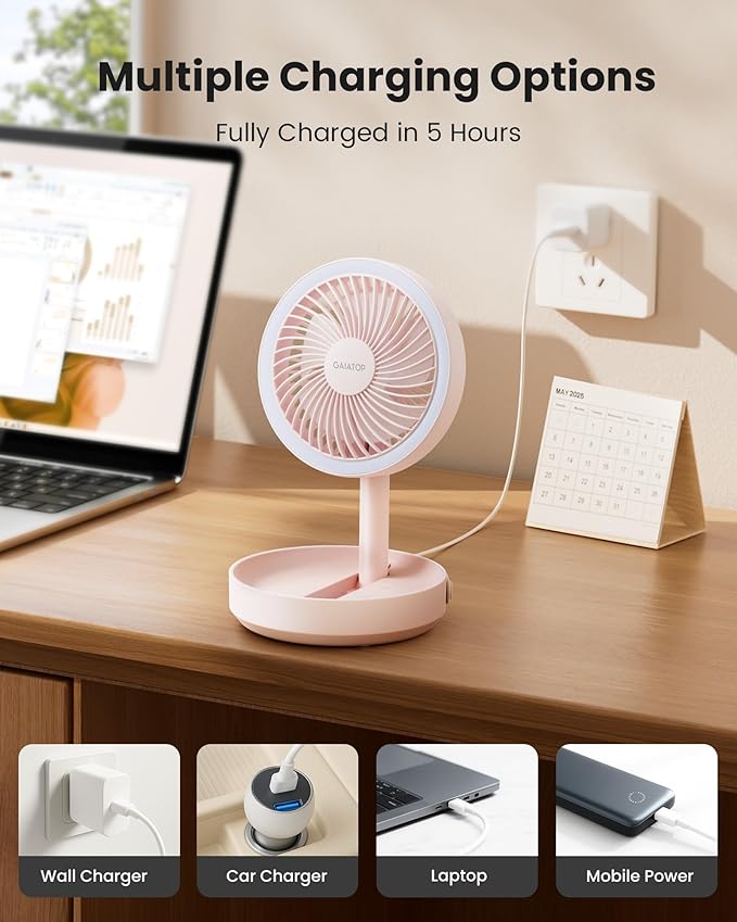 Gaiatop Foldable Small Desk Fan, 6000mAh Battery Powered Portable Fan with LED Night Light, USB Rechargeable, Bedroom Office Dorm Travel Camping Essentials, Cruise Gifts for Women Girls Mom, Pink