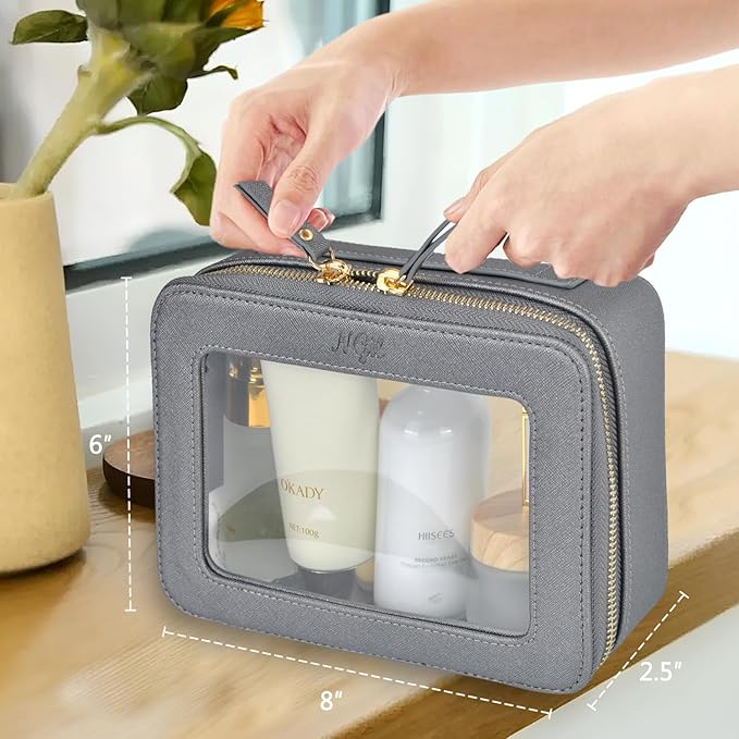 NGIL Clear Faux Leather Travel Toiletry Bag, Makeup Bag Organizer for Women, Clear Window & Gold Zipper Makeup Bag, Road Trip Essential, Skincare, Cruise Ship Essentials (Dark Silver)