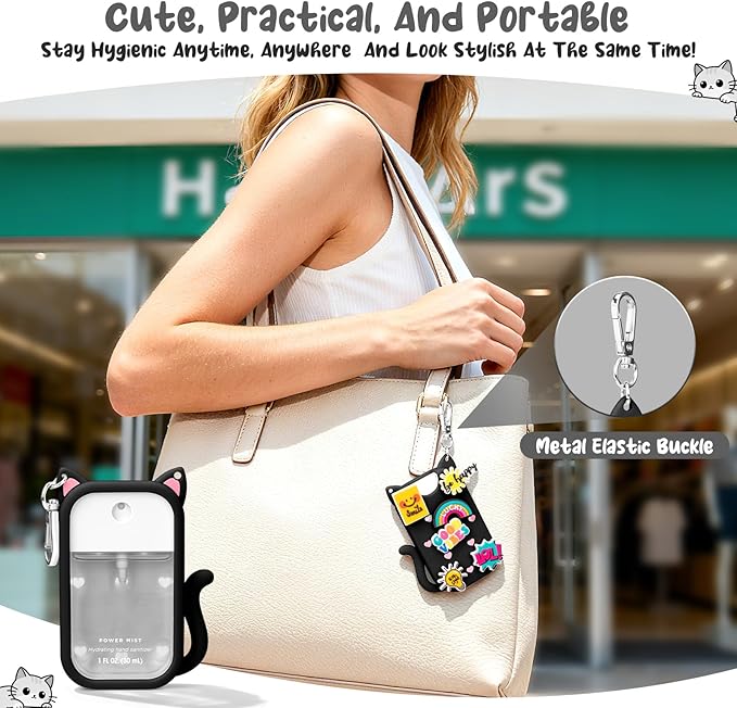 Cat Silicone Case for Touchland Hand Sanitizer Spray with Keychain, Compatible with Power Mist & Glow Mist 1 FL Oz/30ML for Touchland Case, with Charms Accessory Cute Travel Cover Sleeve Black