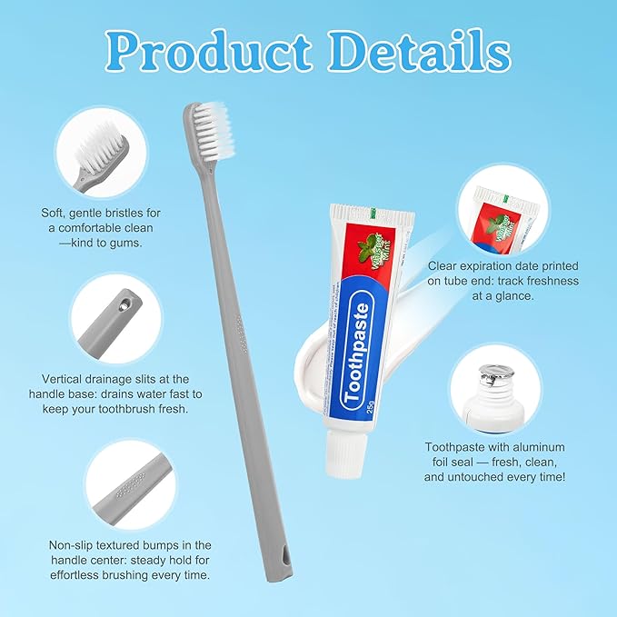 Travel Toothbrush Kit Includes Travel Toothbrushes, 25g Travel Toothpaste, 5 Floss Picks, Storage Case, Individually Packaged, Suitable for Home, Travel, and Hotel Use (4-Pack)