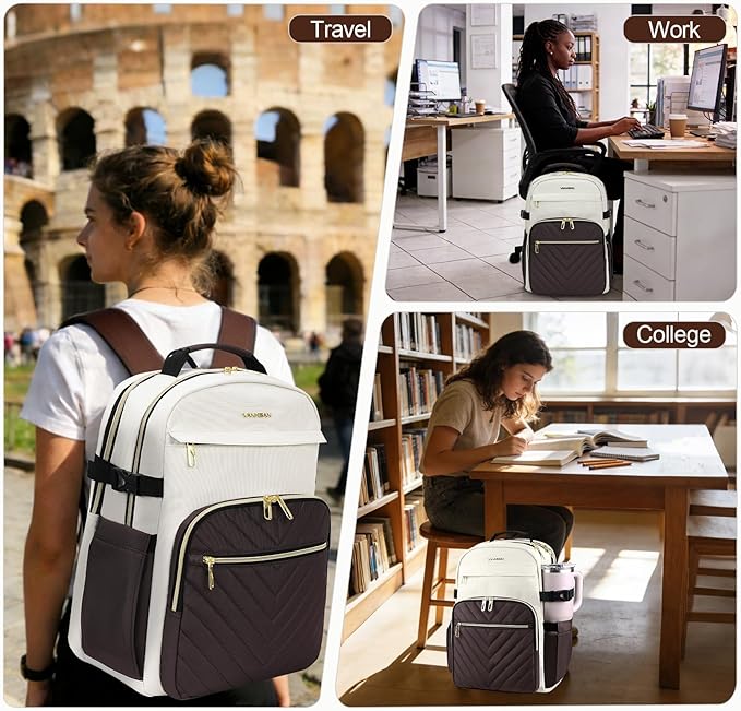 VANKEAN Laptop Backpack for Women with Giant Tumbler Holder Pocket,17.3 inch School College Book Bag Nurse Teacher Backpack,Waterproof Work Travel Backpack Purse Laptop Computer Bag, Beige-Coffee
