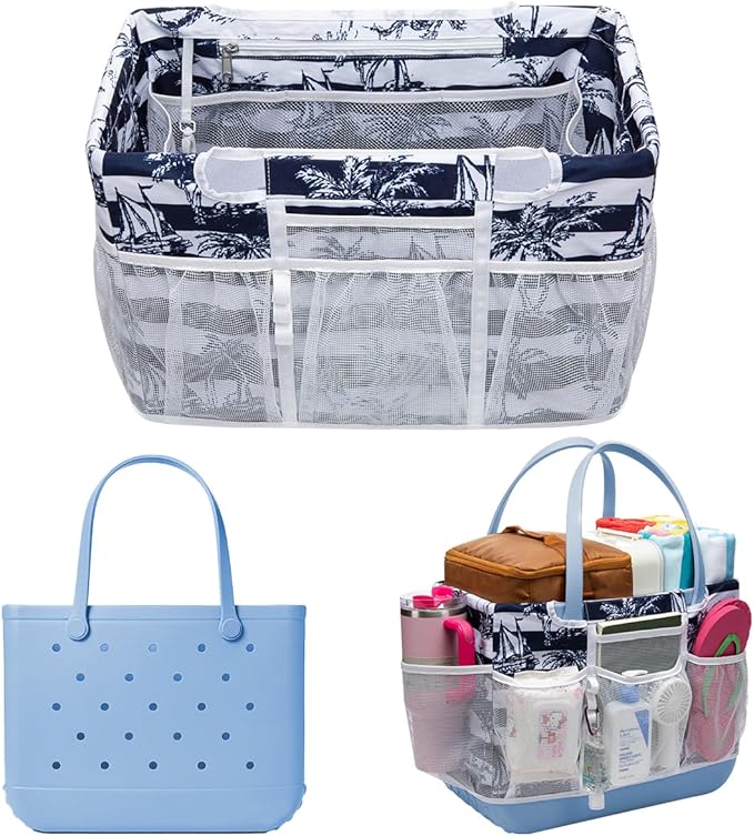 Custom Fit Organizer Bag Insert ONLY for Bogg Bag Custom Fit Inner Liner Pouch for Original Large XL Rubber Tote Zippered Organizer with Pockets for Beach Travel Sports Mom (BLUE WHITE STRIPE, LARGE)
