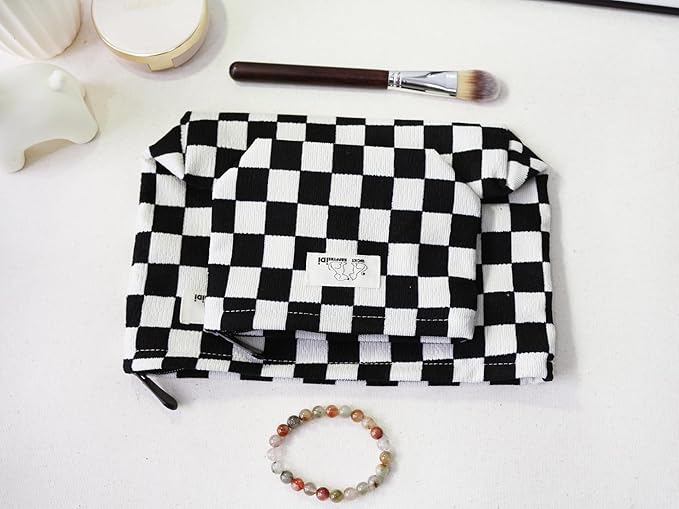 HAPPYHEIDI Women Checkered Corduroy Makeup Bag Cosmetic Pouch Purse Organiser, Canvas Lining, Cute Black White