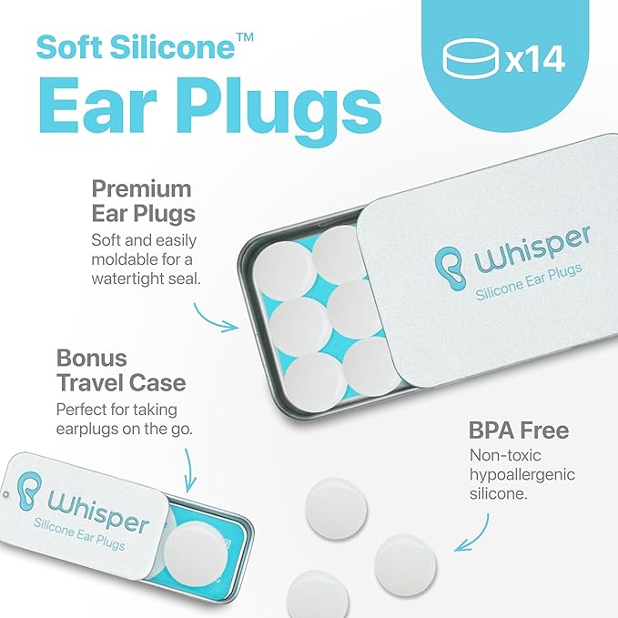 Whisper Ear Plugs (14 pcs) | Soft Silicone | Reusable Silicone Ear Plugs for Swimming, Sleep, Travel, Noise & Snoring | Moldable Comfort Fit Wax Earplugs for Sleep | Waterproof Swim Ear Plugs Adults