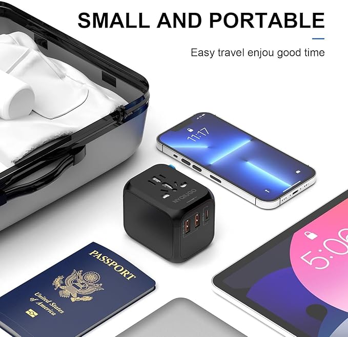 NYQIUGO Universal International Power Travel Plug Adapter with 3 USB Ports (1 USB C), Worldwide Plug Adaptor Wall Charger for USA to Europe UK France Germany Spain Ireland Australia (Type C/G/A/I)