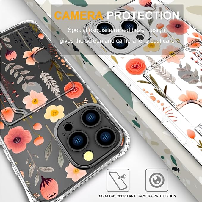 Compatible with iPhone 16 Pro Case Card Holder for Women Cute Design,Wallet Phone Cases Transparent Cool Kawaii Protective (Clear Flowers Leaves)