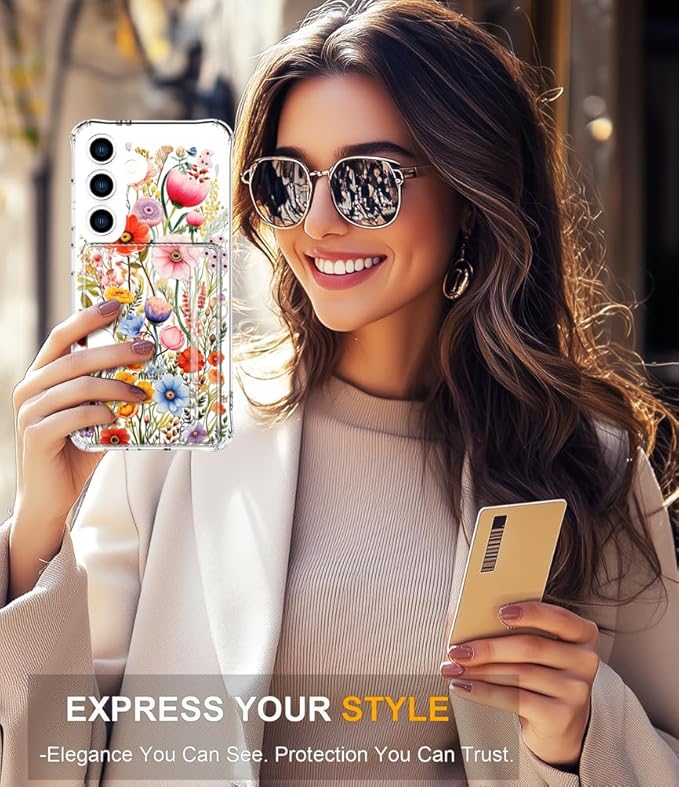 Compatible with Samsung Galaxy S24 / S25 Case Card Holder for Women Cute Design,Wallet Phone Cases Transparent Cool Kawaii Protective (Clear Flowers Lily Girly Florals)