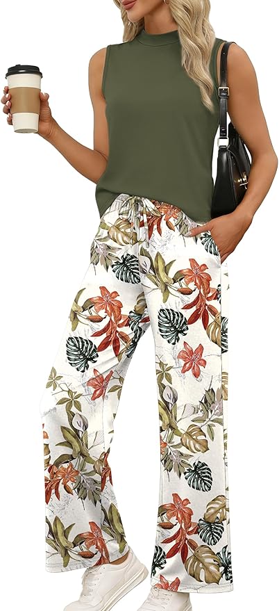 WIHOLL Two Piece Set for Women Summer Spring Outfits Cruise Travel Airport Beach Vacation Mock Neck Wide Leg Pants Set