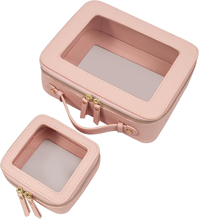 LETGO Clear Makeup Bag Set,Portable Travel Toiletry Bag Cosmetic Case for Women,Vegan Leather Make Up Pouch Organizer Pink Car Essentials for Girls Women (Mini+Large Pink)