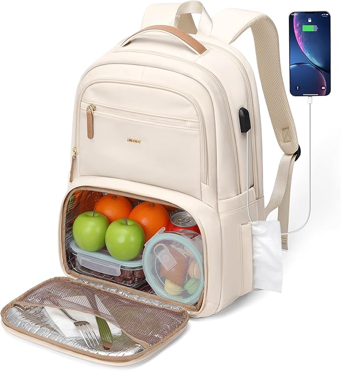 MDODO Lunch Backpack for Women Men,15.6Inch Insulated Lunch Box Backpack with USB Charging Port, Diaper Laptop Back pack for Travel Picnic Work Teacher Nurse,Beige