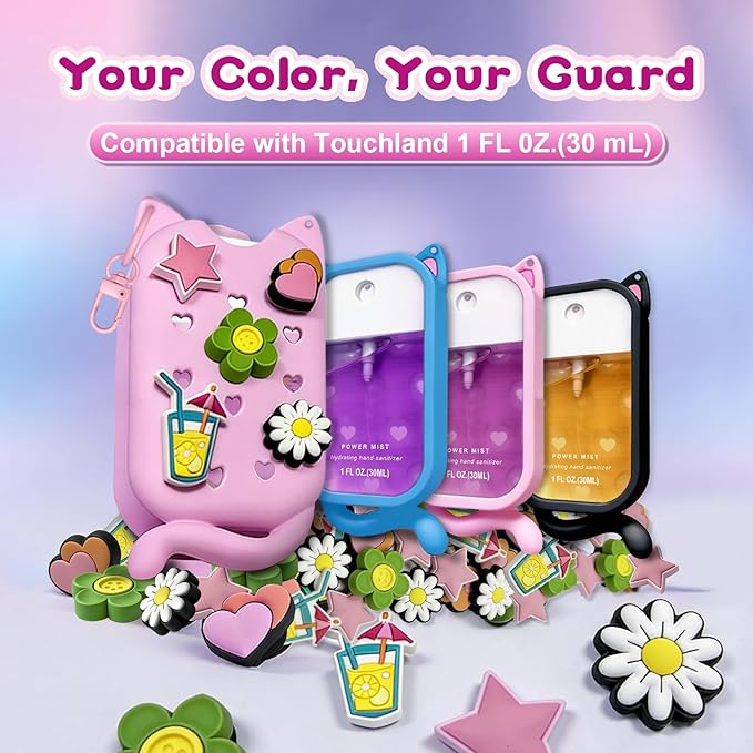 Cat Silicone Case with Keychain & Charms for Touchland Hand Sanitizer Spray, Protective Holder Compatible with Power Mist & Glow Mist 1 FL Oz/30ML