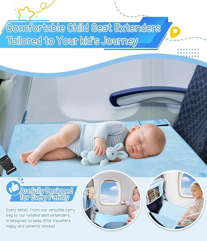 Toddler Airplane Bed, Toddler Travel Bed Airplane Seat Extender for Kids, Plane Tray Cover with Built-in Holder, Baby Travel Essentials for Flying, Portable Plane Footrest for Kids Blue