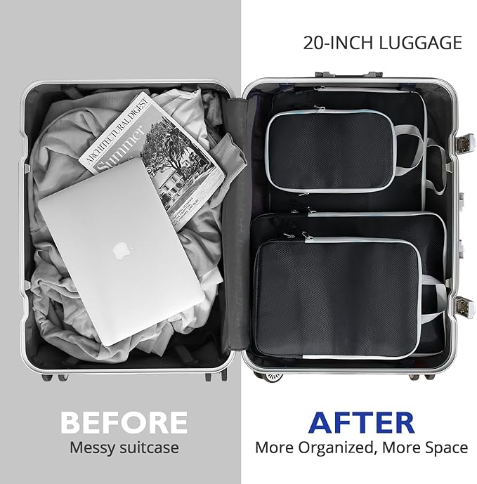 Compression Packing Cubes, 8 Set Packing Cubes for Travel Compression, Lightweight Compressible Package Organizer for Carry On and Suitcases, Black and Grey
