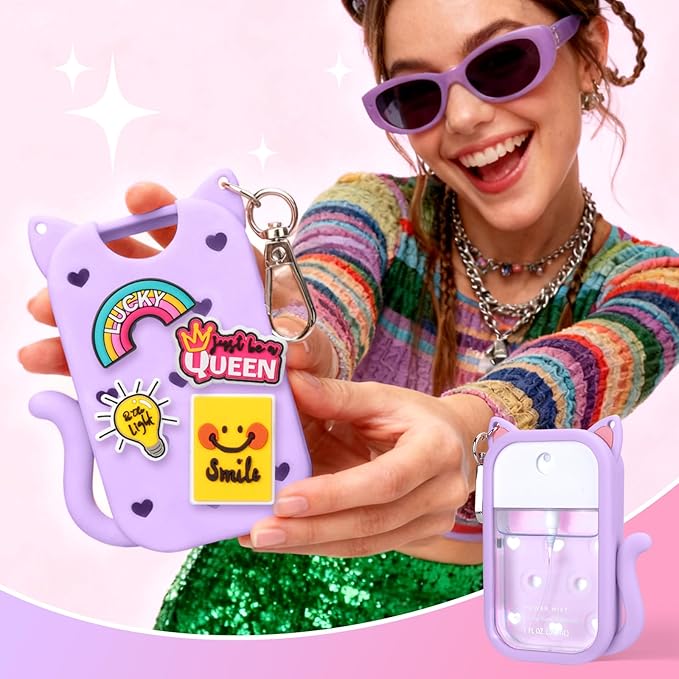 Juome Silicone Case for Touchland Hand Sanitizer Spray with Keychain & Charms, Cat Protective Holder Compatible with Touchland Power Mist & Glow Mist 1 FL Oz/30ML,Travel Cover Sleeve Accessory -Purple