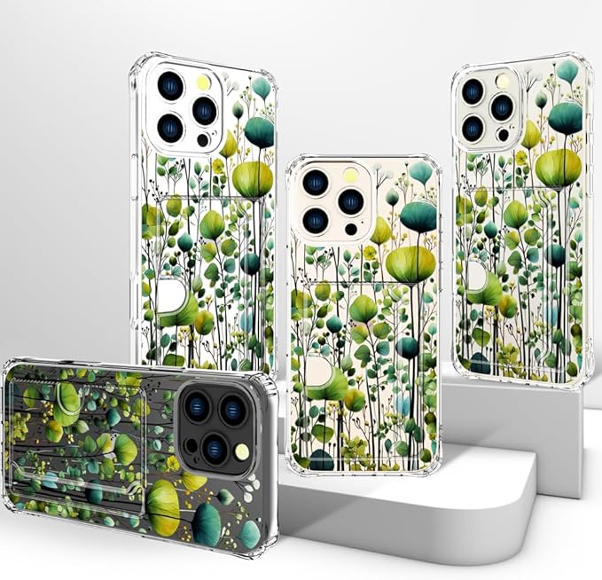 Compatible with iPhone 16 Pro Case Card Holder for Women Cute Design,Wallet Phone Cases Transparent Cool Kawaii Protective (Clear Green Flower Leaves Buds)