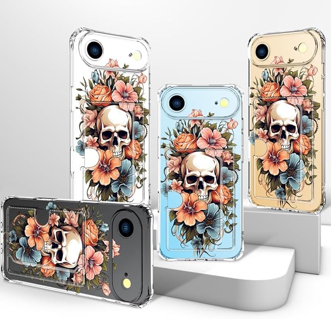 Compatible with iPhone 17 Air Case Card Holder for Women Cute Design,Wallet Phone Cases Transparent Cool Kawaii Protective (Clear Skull & Flowers)