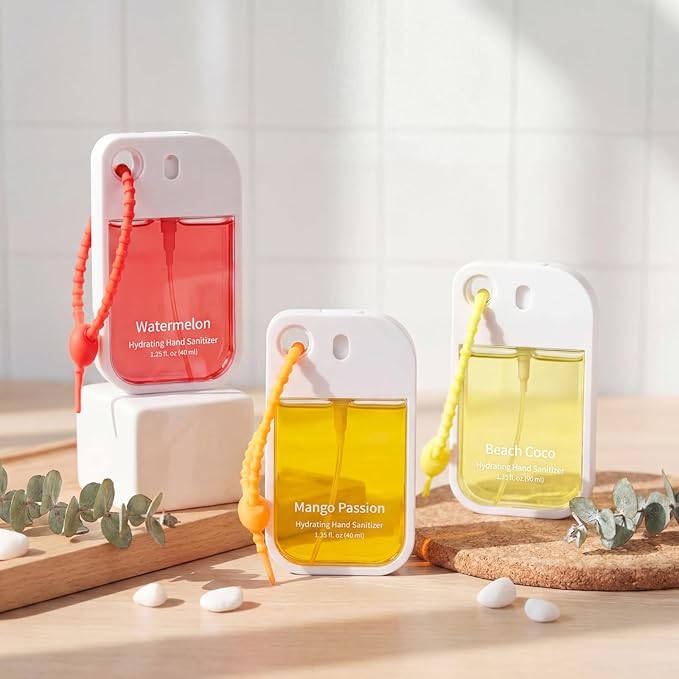Set of 3 Powerful Mist Hydrating Hand Sanitizer Spray Bulk Travel Size Refreshing Hand Sanitizer 1.35 Fl. oz Spray Bottle Watermelon Mango Scent for Daily Personal Use Gift