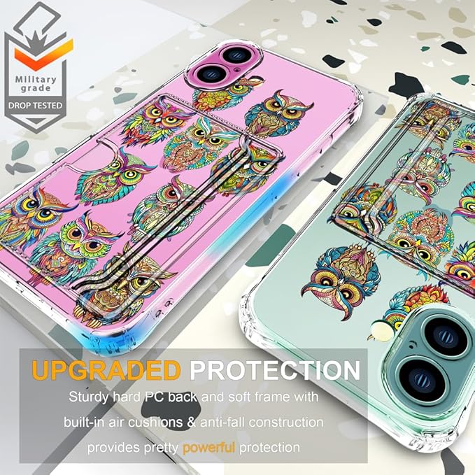 Compatible with iPhone 16 Plus Case Card Holder for Women Cute Design,Wallet Phone Cases Transparent Cool Kawaii Protective (Clear Colorful Owls Cartoon)