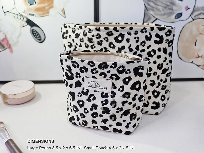 HAPPYHEIDI Leopard Print Makeup Bag with Pocket Large Cosmetic Toiletry Travel Pouch, Creamy White Cheetah, Lined, Zipper Closure, 8.5 × 2 x 6.5 inches