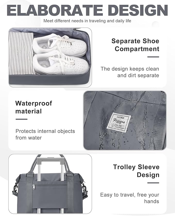 Spirit Travel Duffel - 18x14x8 Inches Weekender Overnight Bag with Shoes Compartment, Trolley Sleeve & Carry On for Airplanes, Sport Tote Gym Bag - Grey