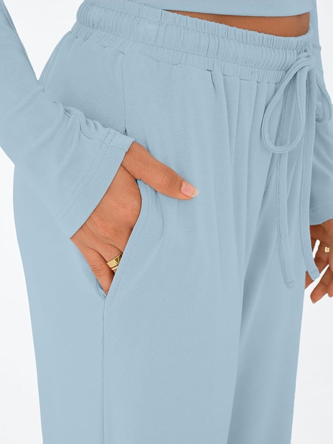 Trendy Queen Women's 2 Piece Matching Lounge Set Long Sleeve Side Ruching Top Wide Leg Drawstring Pants Set with Pockets