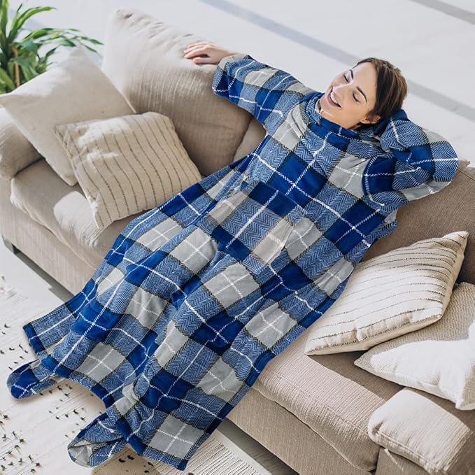 PAVILIA Fleece Blanket with Sleeves, Foot Pockets for Women Men Adults, Plush Wearable Blanket Throw Wrap, Warm Snuggle Blanket Robe, Cozy Gift Ideas Wife Mom, Plaid Navy Blue