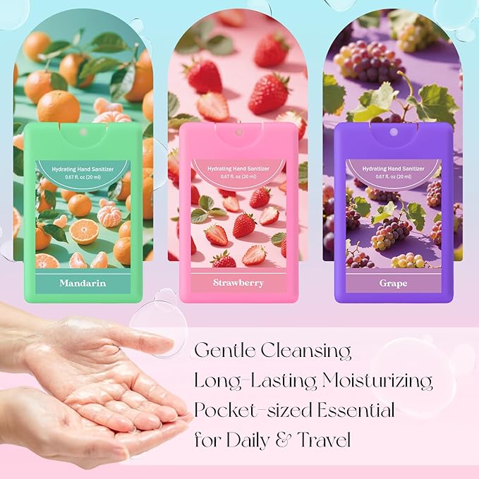 Set of 3 Power Mist Hydrating Hand Sanitizer Spray Bulk Travel Size Refreshing Hand Sanitizer 0.67 Fl. oz Compact Card Spray Bottle Grape Mandarin Strawberry Scent for Mother's Day Women Gifts