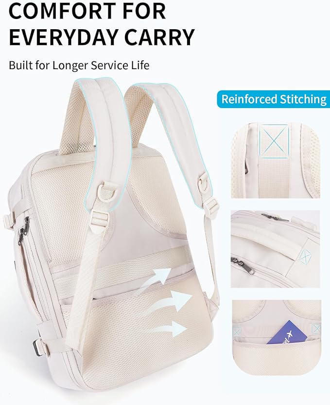 ECOHUB 17" Small Unisex Travel Backpack United Airlines Approved 17x10x9 Friendly Suitcase Anti-Theft Lockable Zippers Style Personal Item Bag Travel Essentials with 12 Pockets Water Resistant, White
