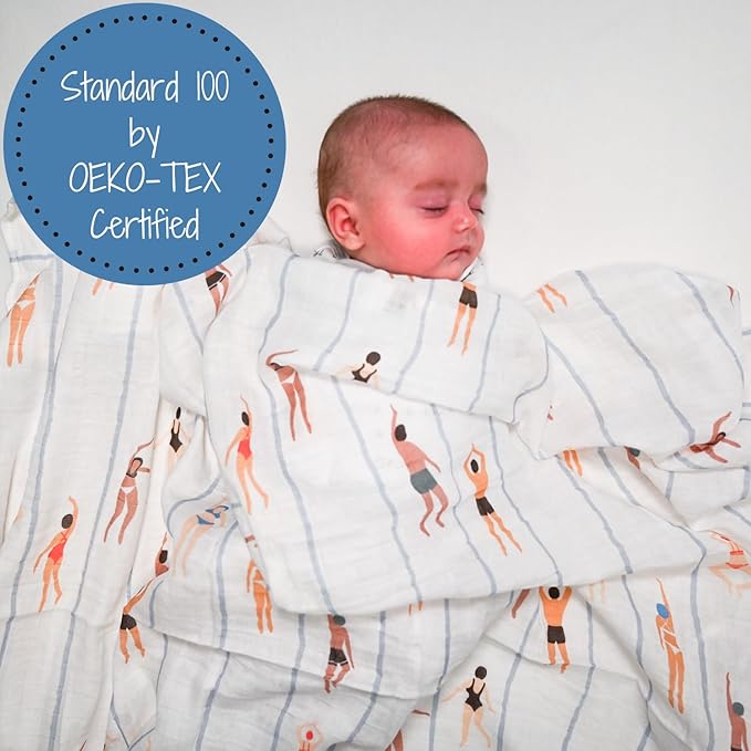 LollyBanks Swaddle Blanket, 100% Cotton Muslin, Soft Baby Blanket 47 x 47 Inches, Neutral for Boys & Girls, Registry (Swimming/Sports Print)