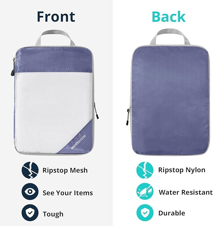 NICOSHOW Compression Packing Cubes 6 Set, Compressible Space-Saving Packing Cubes for Travel - Compression Bags, Luggage Organizer, Travel Essentials for Women, Bluish Purple