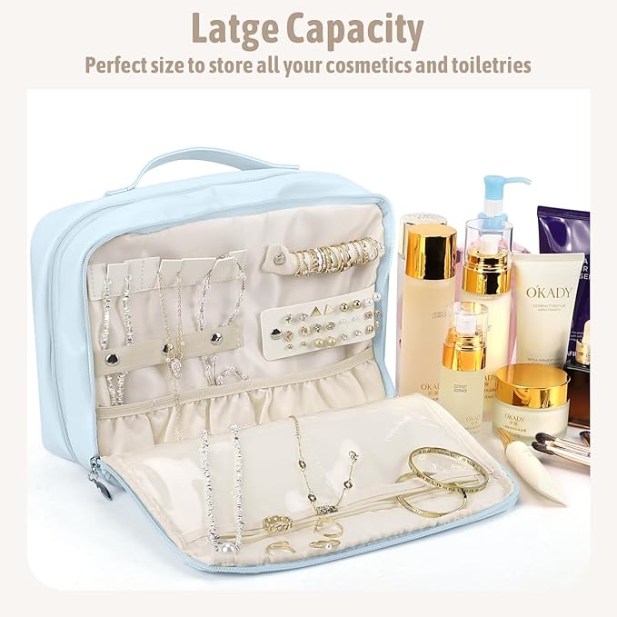 YOPCDJ Hanging Toiletry Bag with Jewelry Organizer,Travel Bag for Toiletries,PU Leather Cosmetic Bags for Women Make Up Organizer with 4 Compartments Waterproof Portable Travel Essentials