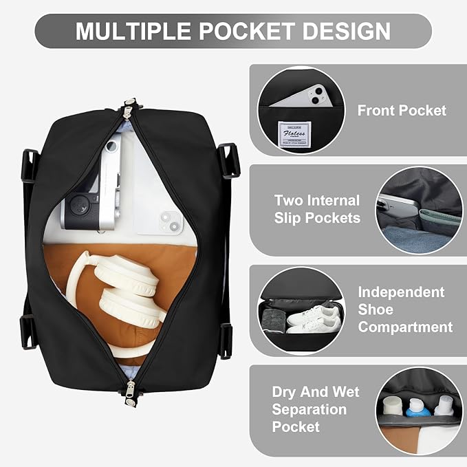 Travel Duffel Bag, 18x14x8 Inches Travel Bag Spirit with Shoes Compartment, Weekender Overnight Bag for Women with Trolley Sleeve, Carry On Bag for Airplanes Sport Tote Gym Bag (Black).