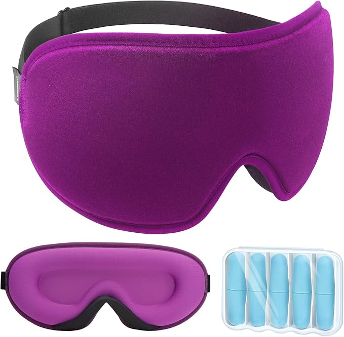 LYSIAN Sleeping Mask for Women, 3D Contoured Block Out Blindfold Travel Eye Mask with Earlugs for Plane,Meditation,Yoga(Purple)