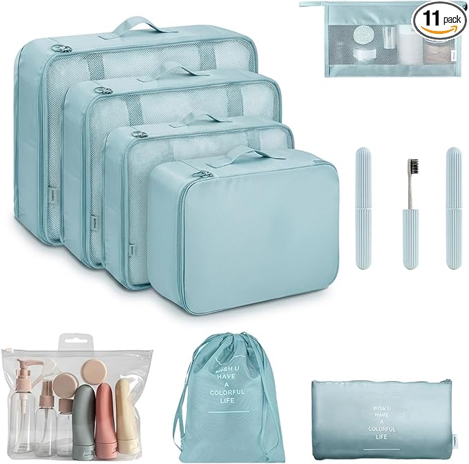 11 Set Packing Cubes for Travel,Gifts for Women Mom,Anti-Tearing Suitcase Organizer for Luggage with Shoe & Hanging Toiletry Bag, Toiletries Travel Bottles, 3 Portable Toothbrush Cases, Blue