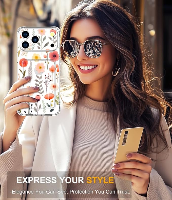 Compatible with iPhone 17 Pro Max Case Card Holder for Women Cute Design,Wallet Phone Cases Transparent Cool Kawaii Protective (Clear Flowers Leaves)