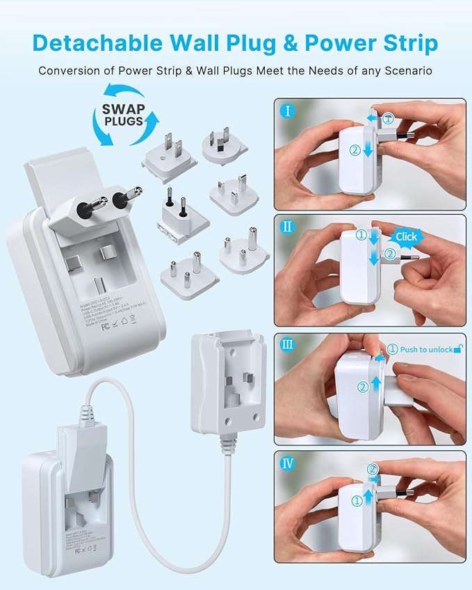 VINTAR Universal Travel Adapter Kit, 3ft Detachable Extension Cord with 2 AC Outlets & 3 USB(2 USB C), Type A/C/G/D/I/M International Power Adaptor for US to Europe UK India South Africa Japan