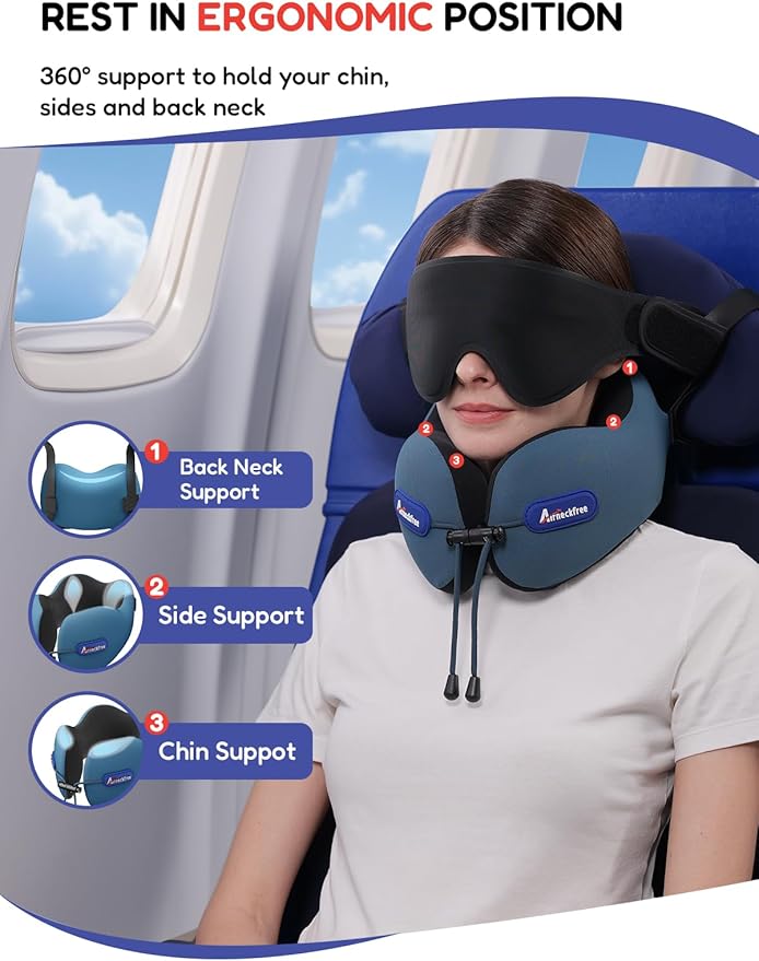 Neck Pillow for Traveling, Travel Pillow for Airplanes with Ergonomic 360° Head Neck Support, Combo with 3D Eye Mask, No Head Bobbing Travel Essentials for Plane,Car,Train,Home-Beige
