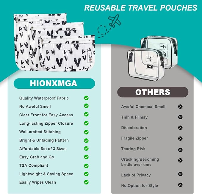 HIONXMGA TSA Approved Toiletry Bag, Set of 3 Clear Travel Toiletry Bag Quart Size Zipper Travel Pouch, Waterproof Makeup Cosmetic Bag for Women Men Kids Toiletries Carry on, Hearts