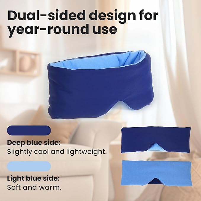 100% Blackout Sleep Mask for Side Sleepers &Travel | Zero Pressure Design, Dual-Sided Cooling/Warm Memory Foam, Adjustable Head Strap | Quiet Hook & Loop Closure