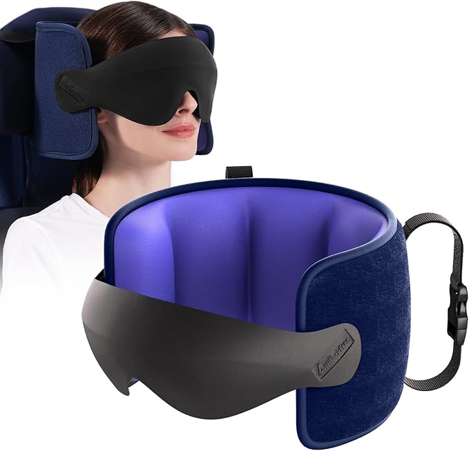 Travel Pillow for Airplane, Travel Pillow with Seat Strap and 3D Eye Mask to Firm Head, 360°Support Headrest No Bobblehead, Travel Essentials for Long Flight,Car Road Trip,Blue