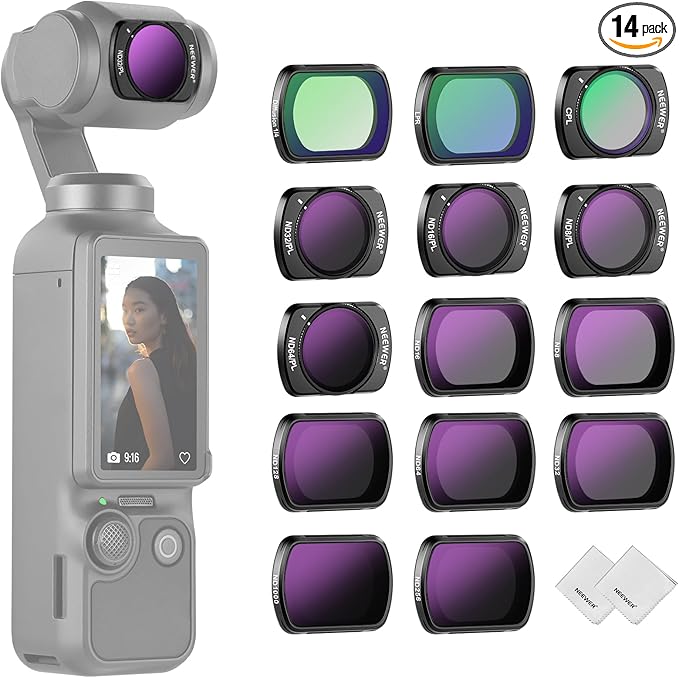 NEEWER 14 Pack Magnetic ND Filter Set + 2x Cleaning Cloth Compatible with DJI Osmo Pocket 4 Pocket 3, CPL ND8/16/32/64/128/256/1000 ND8/PL ND16/PL ND32/PL ND64/PL Black Diffusion 1/4 LPR Effect Filter