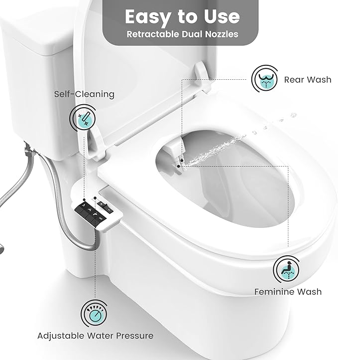 Bidet Attachment for Toilet Unique Dual Retractable Nozzles Badays for Toilets Seat, Non-Electric Self-Cleaning Fresh Water Sprayer, Adjustable Water Pressure Bidets for Existing Toilets