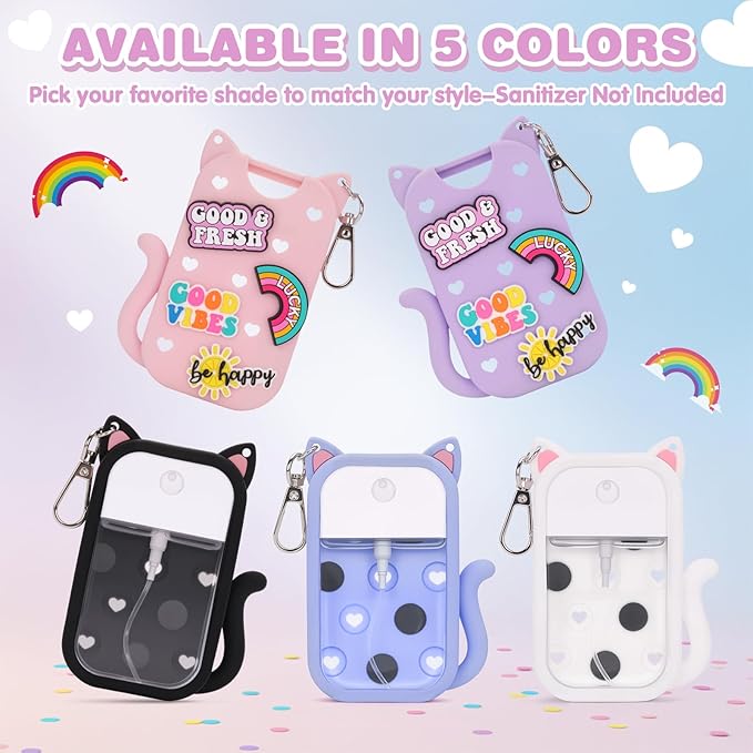 Silicone Case Holder Compatible with Hand Sanitizer Spray Touchland 1 fl oz, Cute Cat Ear Protective Case with Keychain & 4 Decorative Charms (White, 1P)
