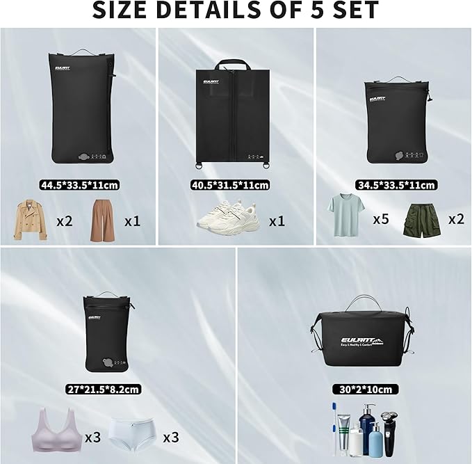 Eulant 5 Set Vacuum Packing Bags for Travel With Pump,Professional IPX8 Zip Packing Organizer for Suitcases Backpack,Space Saver Bags Packing Organizers for Clothing Packing(5 Set,Black)