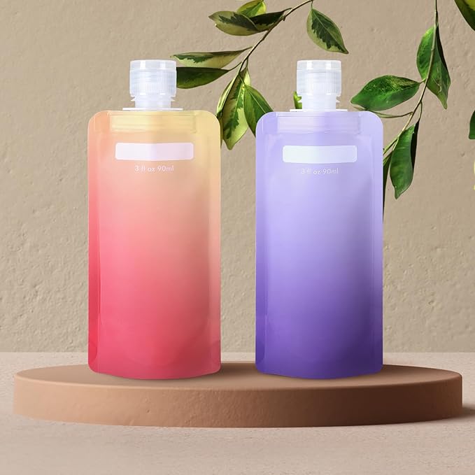 PACKISM 12 Pack Travel Pouches for Toiletries - 3 oz Leak Proof TSA Approved Liquid Containers, Squeeze Bags for Shampoo Lotion, Space Saving Refillable Carriers, Gradient Purple Cherry Yellow