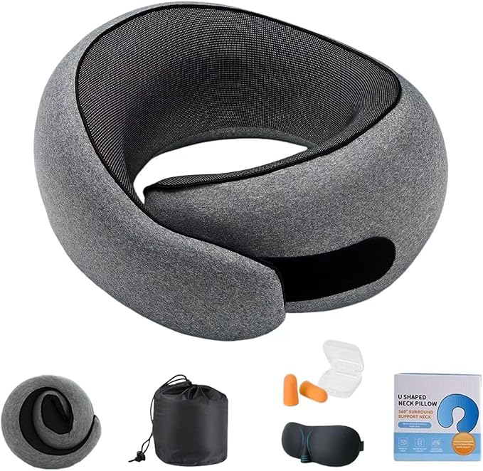 Travel Pillows for Airplanes, 360° Surround Support Memory Foam Airplane Neck Pillow, Comfortable Eye Masks and earplugs, Portable Washable Design for Long Flights, Car Rides & Road Trips